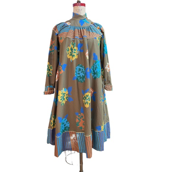 BIS Womens Vintage Midi Dress Khaki Floral High Button Neck Long Sleeve Petite - Picture 1 of 10